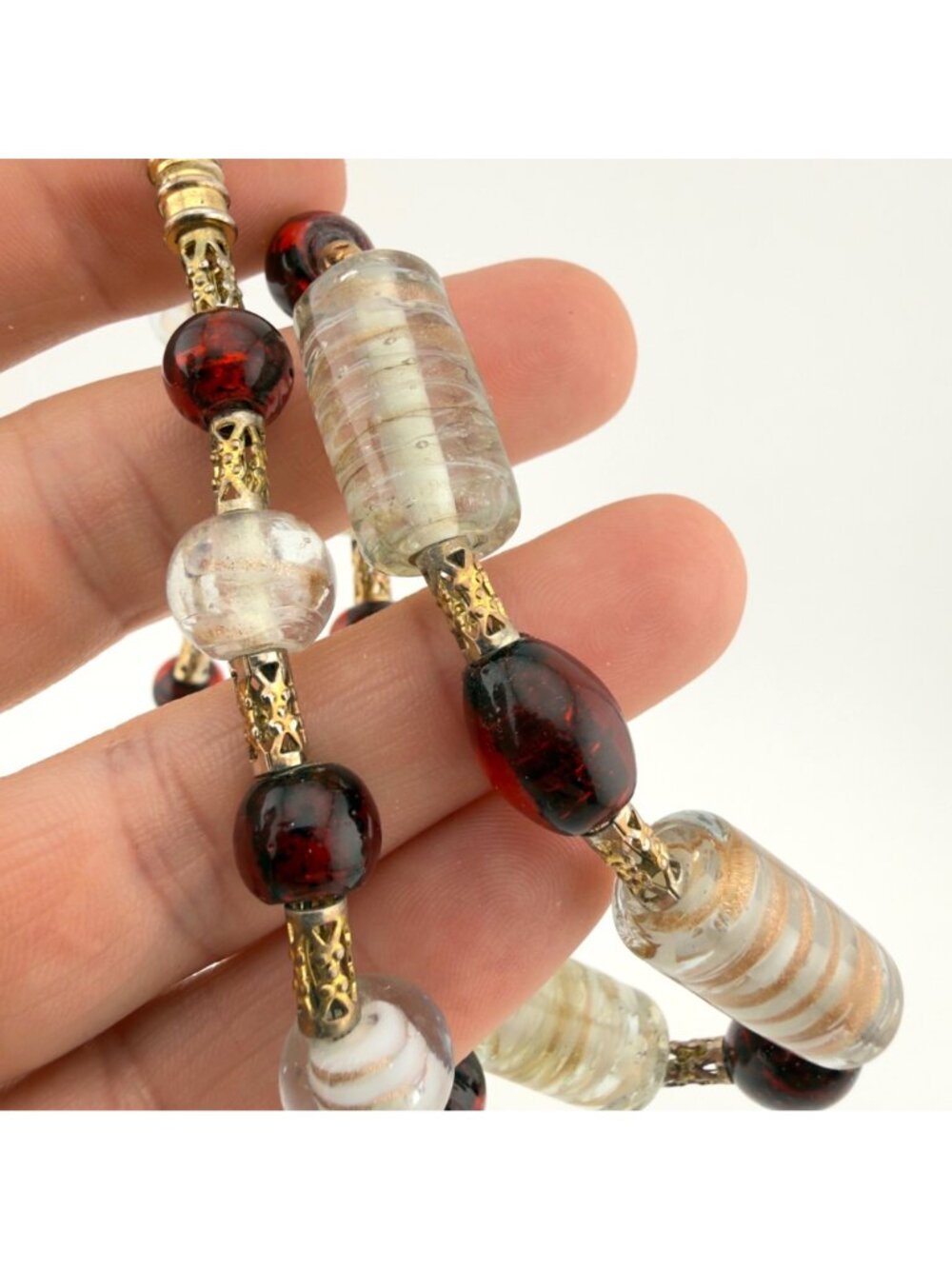 Art Glass Bead Necklace Studio Handmade Red Clear Gold Foil 20” - Picture 2 of 9